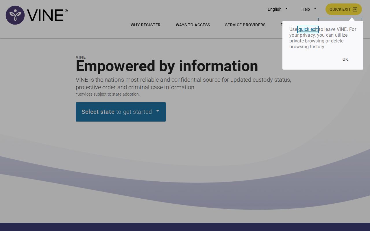 VINELink state selection and registration interface for custody notifications