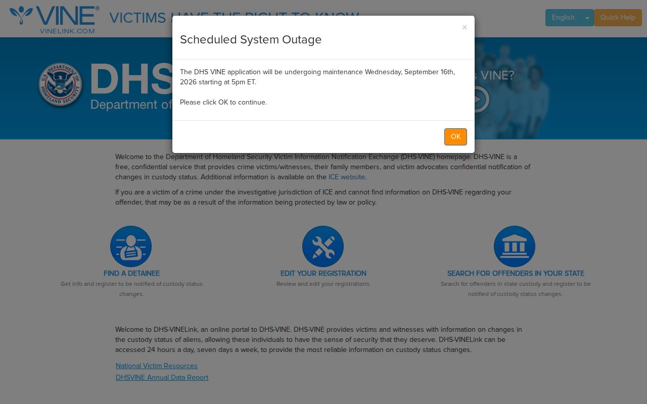 DHS-VINE federal immigration custody notification landing page