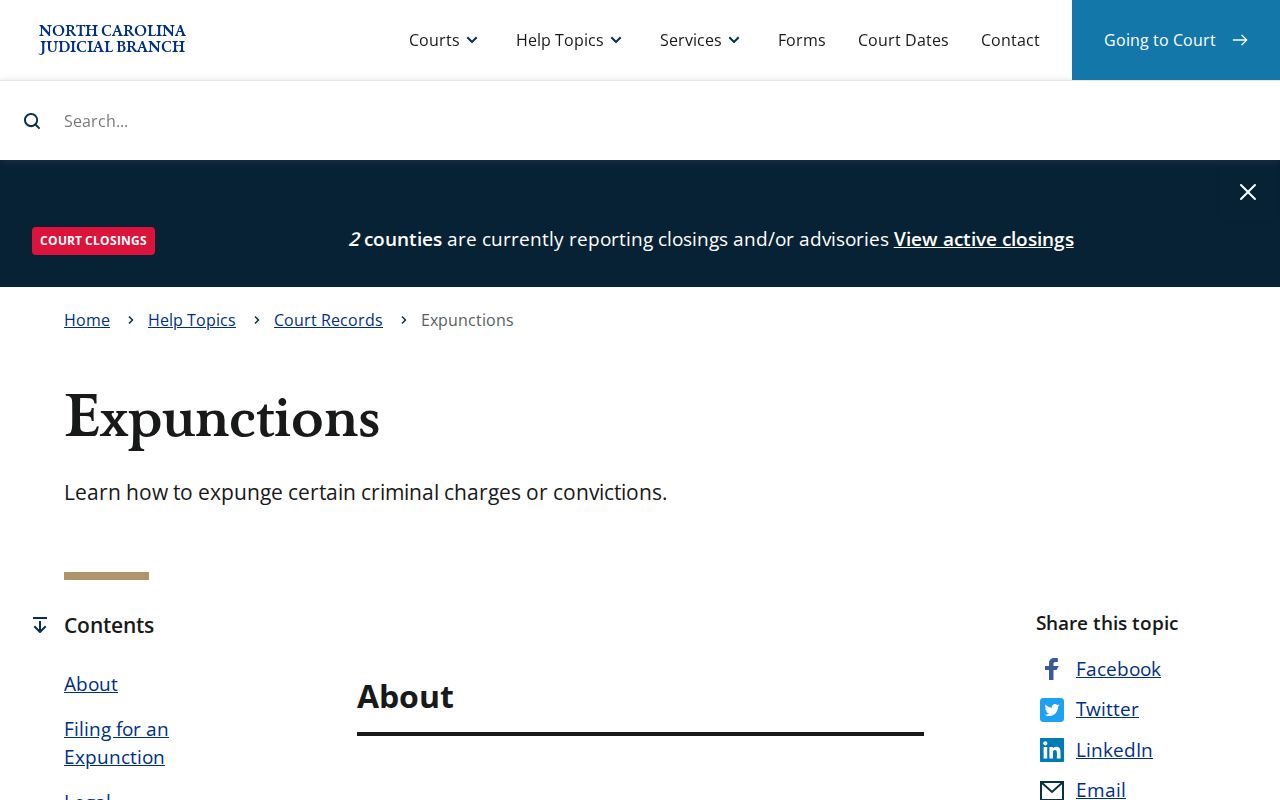 North Carolina Courts expunction information page